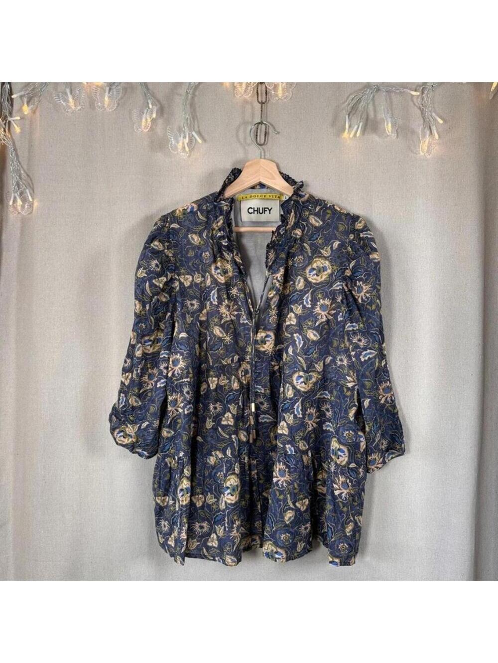 CHUFY La Dolce Vita Floral Ruffle Blouse Silk Cotton  | Size L